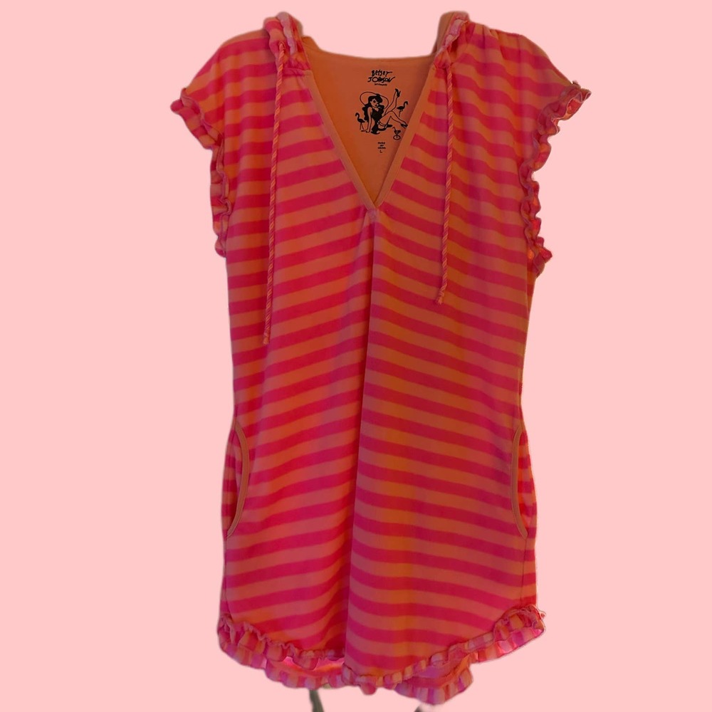 Betsey Johnson orange & pink striped terrycloth coverup. Large